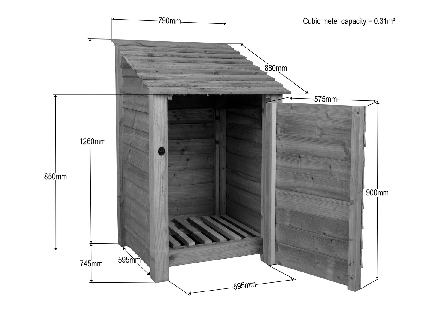 Slatted Wooden Log Store With Door W-79cm, H-126cm or 180cm, D-88cm