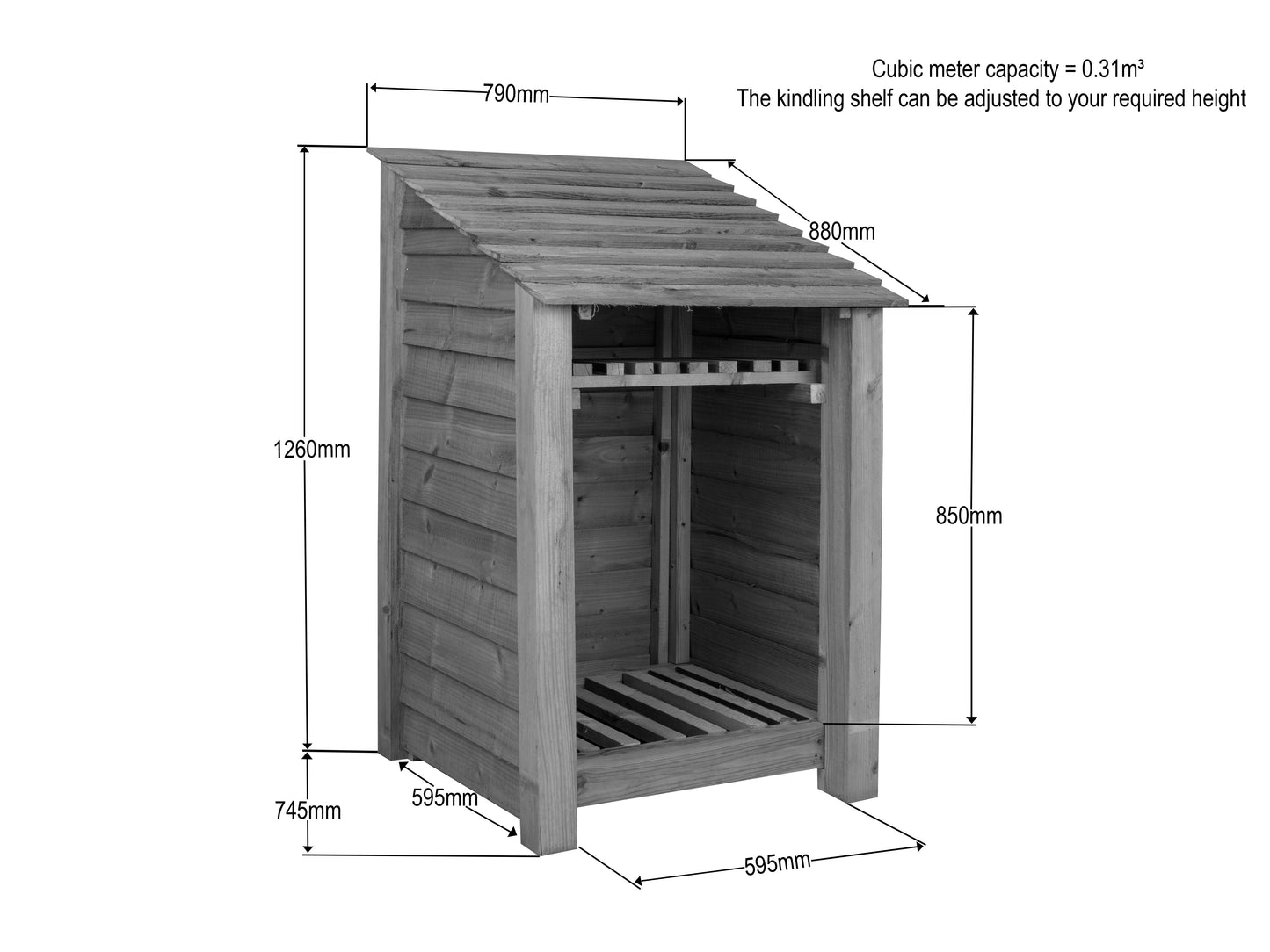 Slatted Wooden Log Store With Shelf W-79cm, H-126cm or 180cm, D-88cm - Brown Finish