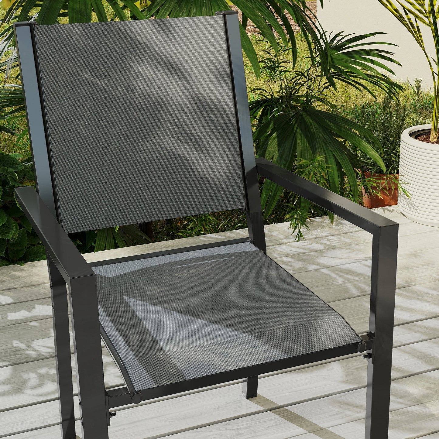 Outsunny 7 Piece Garden Dining Set, Outdoor Furniture Set with 6 Stackable Chairs and 150 cm Rectangle Table, WPC Slatted Top, Rust-Resistant Steel Frame, for Garden, Porch, Terrace
