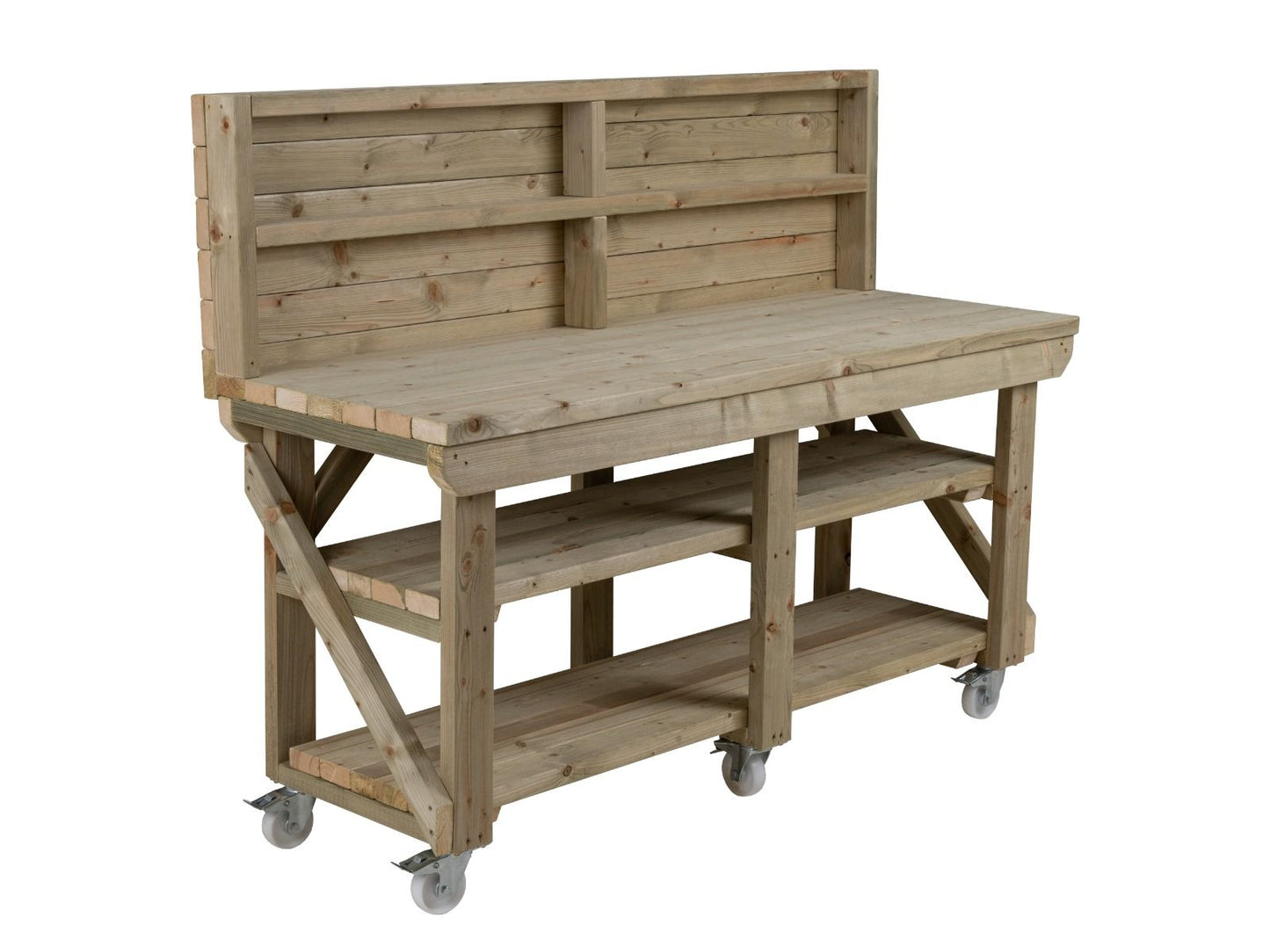 Indoor/outdoor workbench, pressure treated bench with back panel, double shelf and wheels