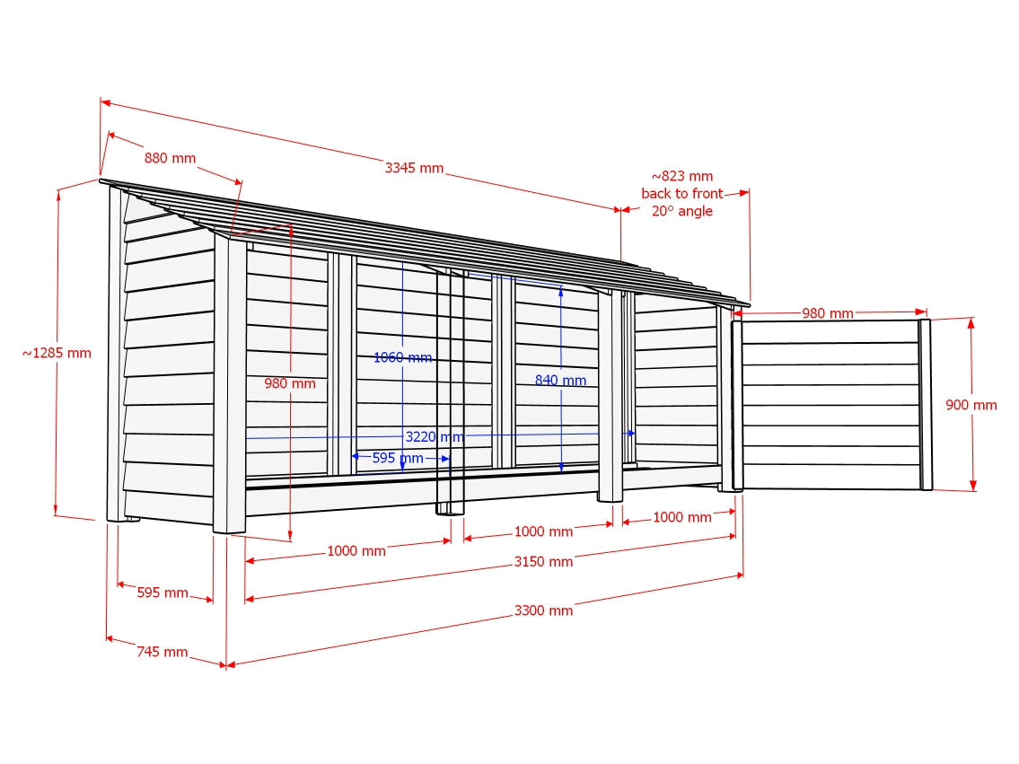 Wooden Garden Tool Storage with Shelf W-335cm, H-126cm or 180cm, D-88cm