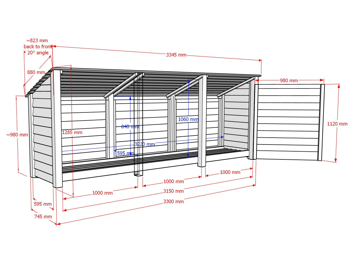 Wooden Log Store (Roof Sloping Back) with Doors W-335cm, H-126cm or 180cm, D-88cm - Brown Finish