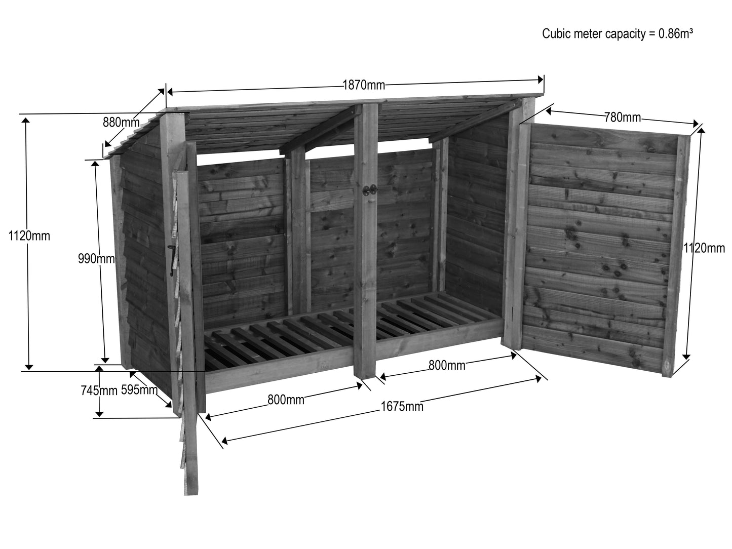 Wooden Garden Tool Storage (Roof Sloping Back) W-187cm, H-126cm or 180cm, D-88cm - Brown Finish