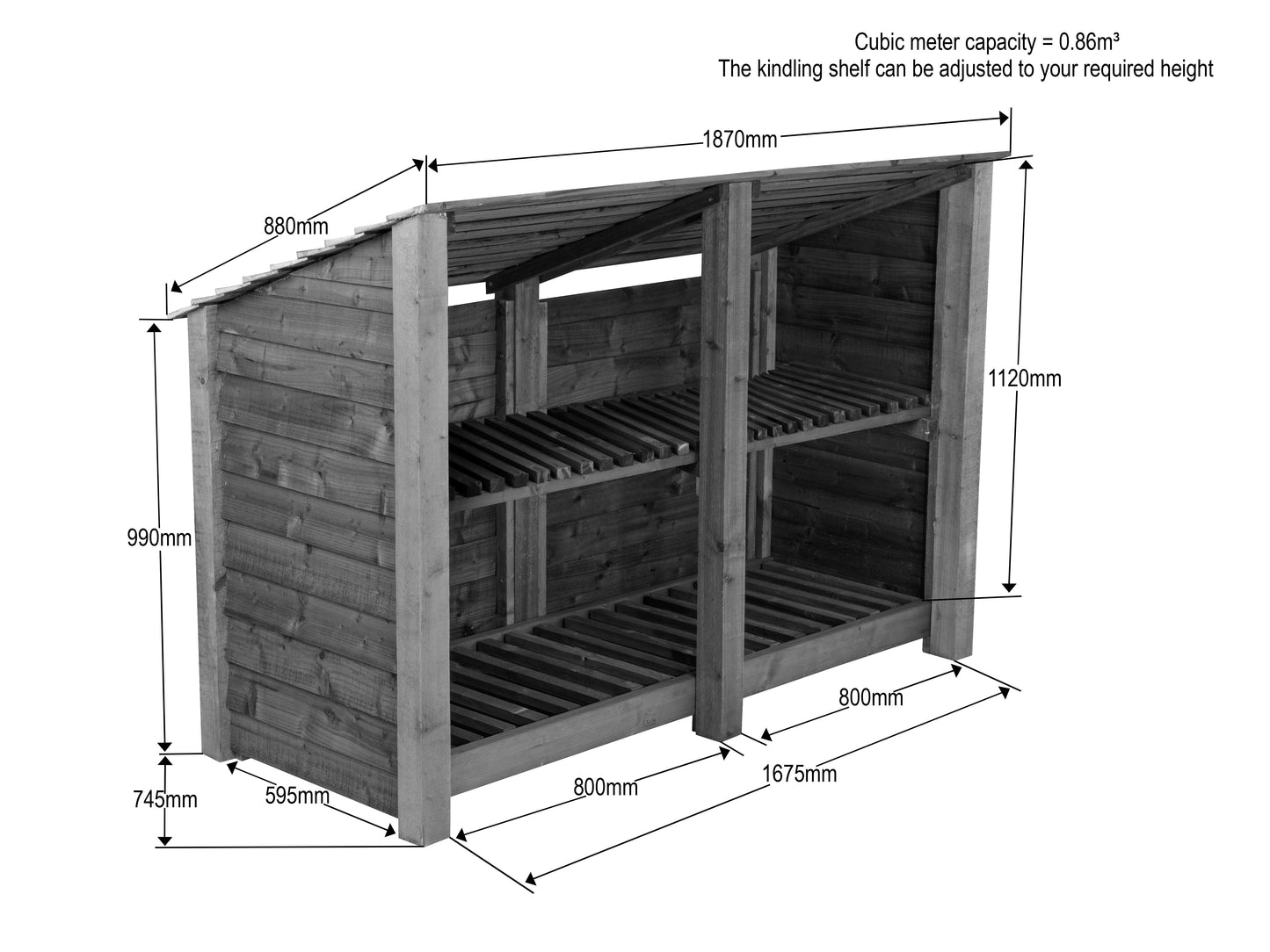 Wooden Log Store (Roof Sloping Back) with Shelf W-187cm, H-126cm or 180cm, D-88cm - Brown Finish
