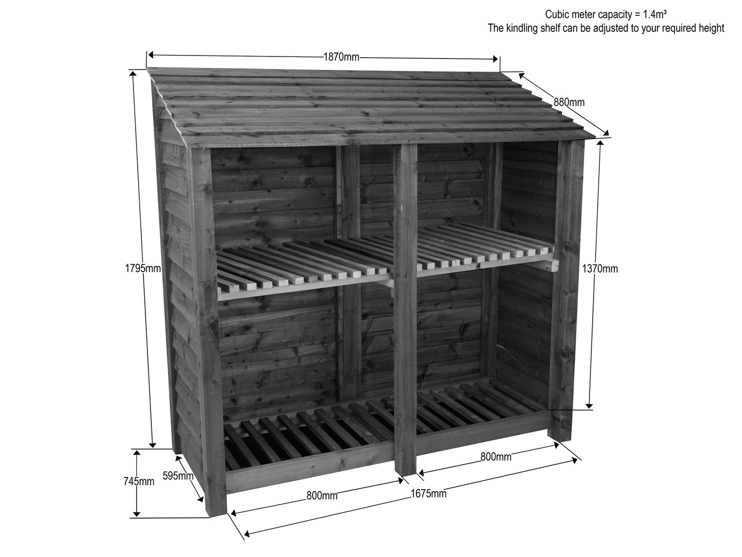 Slatted Wooden Log Store with Shelf W-187cm, H-126cm or 180cm, D-88cm
