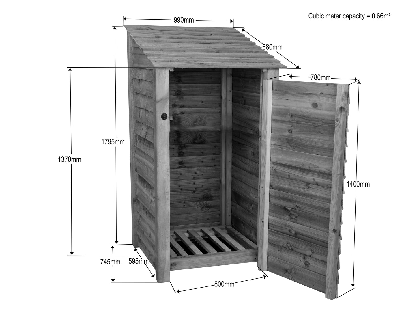 Slatted Wooden Log Store with Door W-99cm, H-126cm Or 180cm, D-88cm