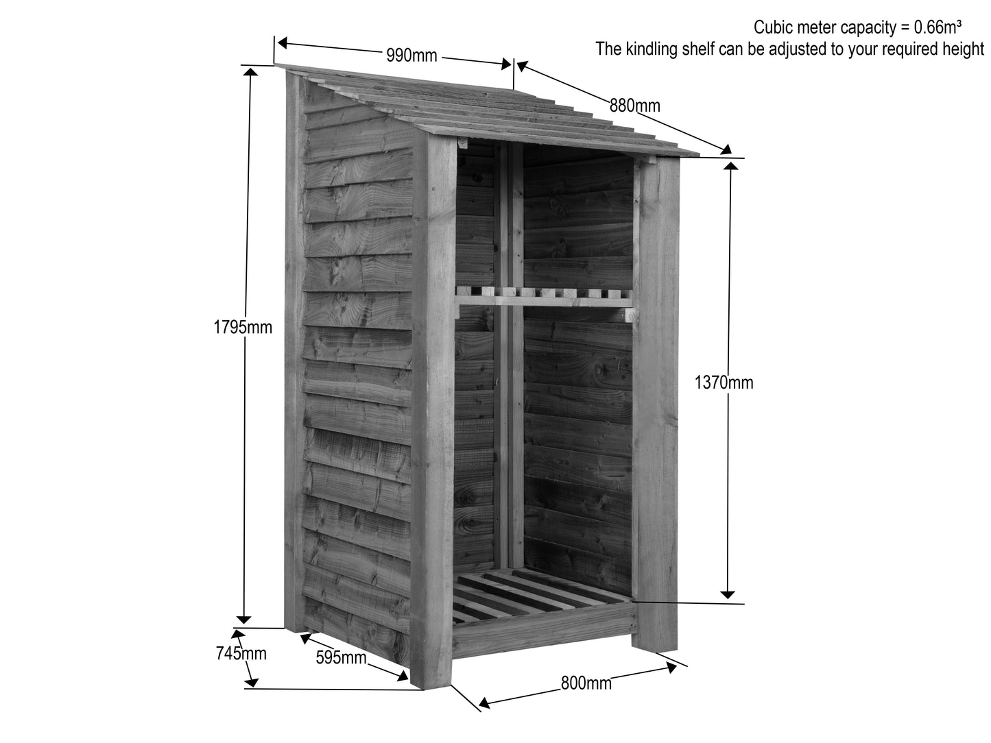Wooden Premium Tongue/Groove Log Store with Shelf (W-99cm, H-126cm or H-180cm, D-88cm)