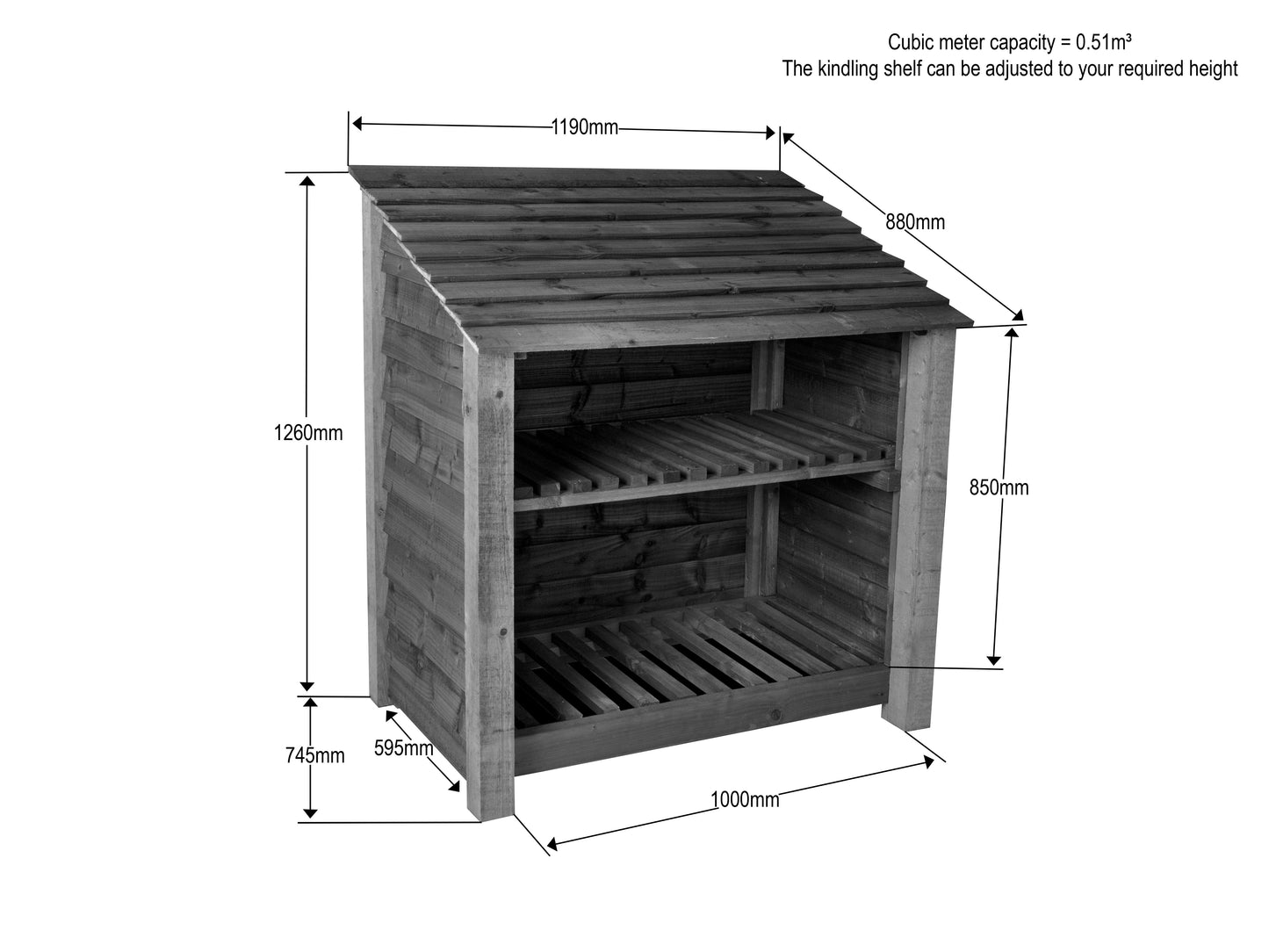 Slatted Wooden Log Store with Shelf W-99cm, H-126cm or 180cm, D-88cm - Brown Finish