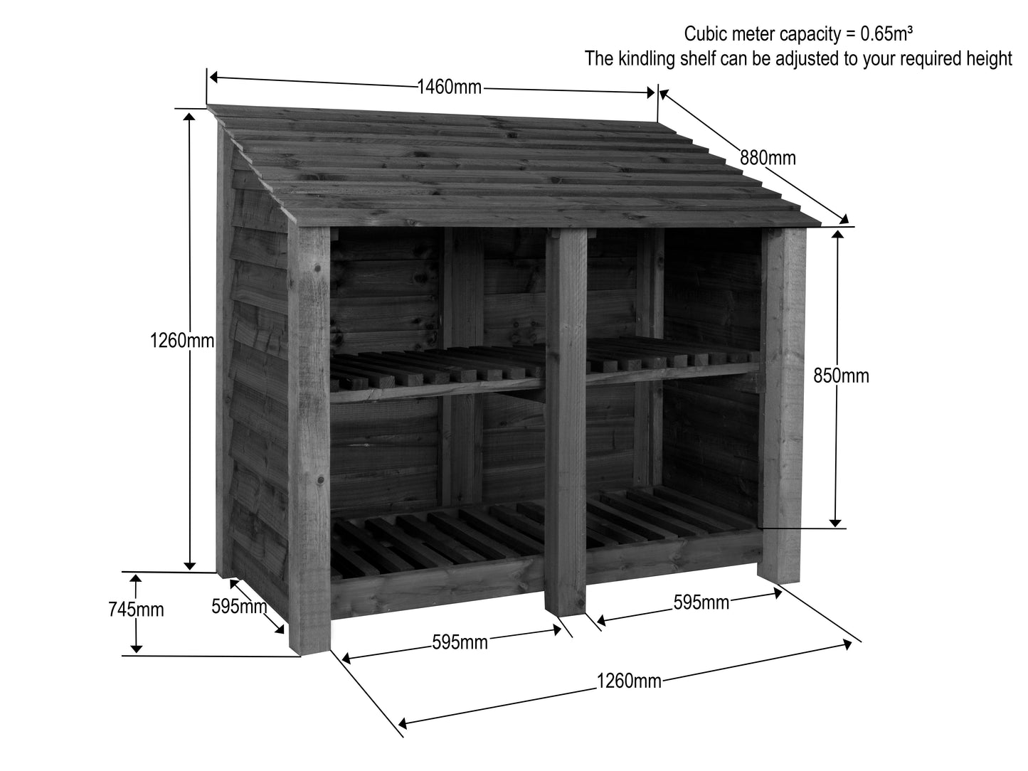Slatted Wooden Log Store with Shelf W-146cm, H-126cm or 180cm, D-88cm - Brown Finish