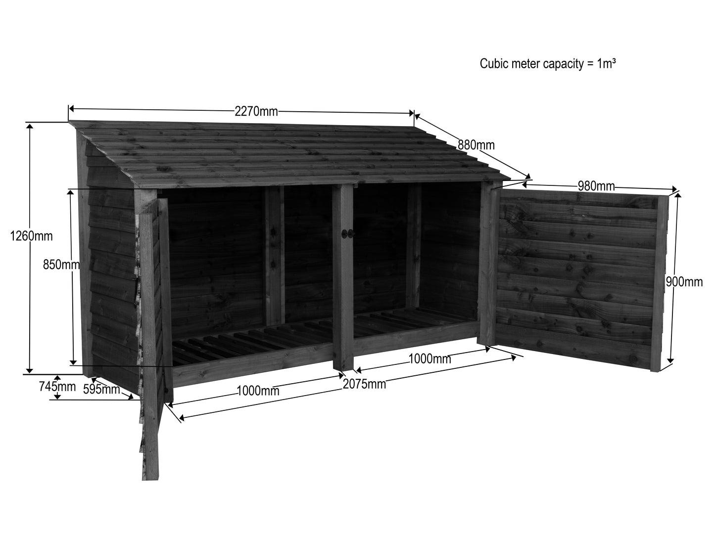 Wooden Log Store with Doors W-227cm, H-126cm or 180cm, D-88cm