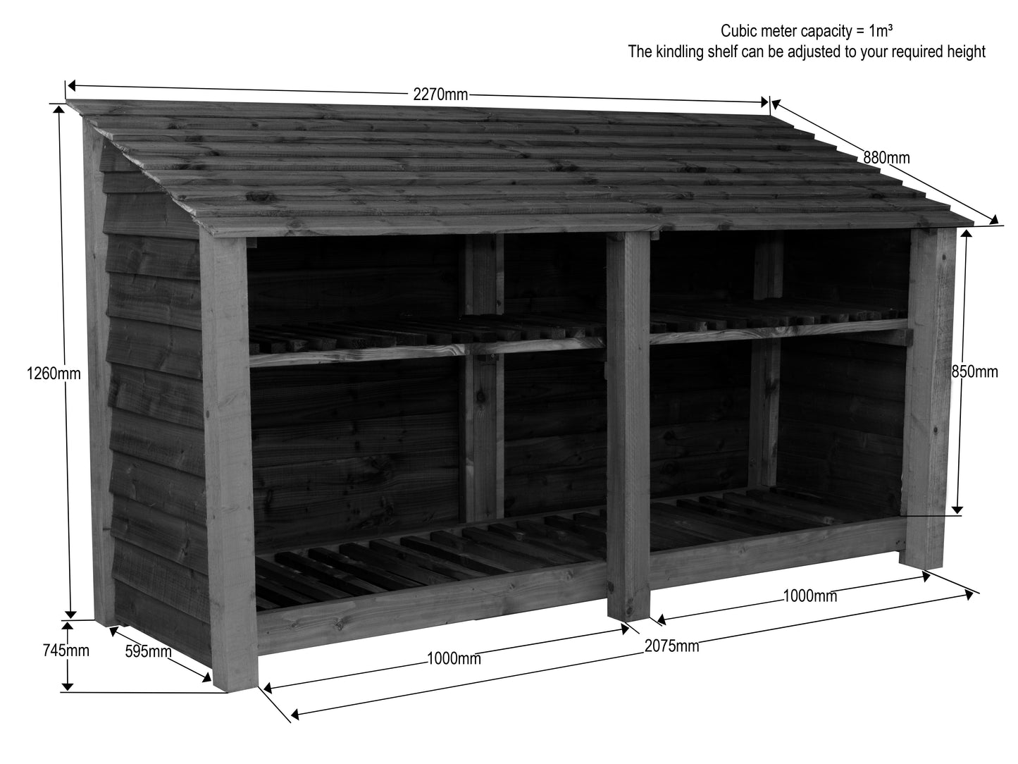 Slatted Wooden Log Store with Shelf W-227cm, H-126cm or 180cm, D-88cm