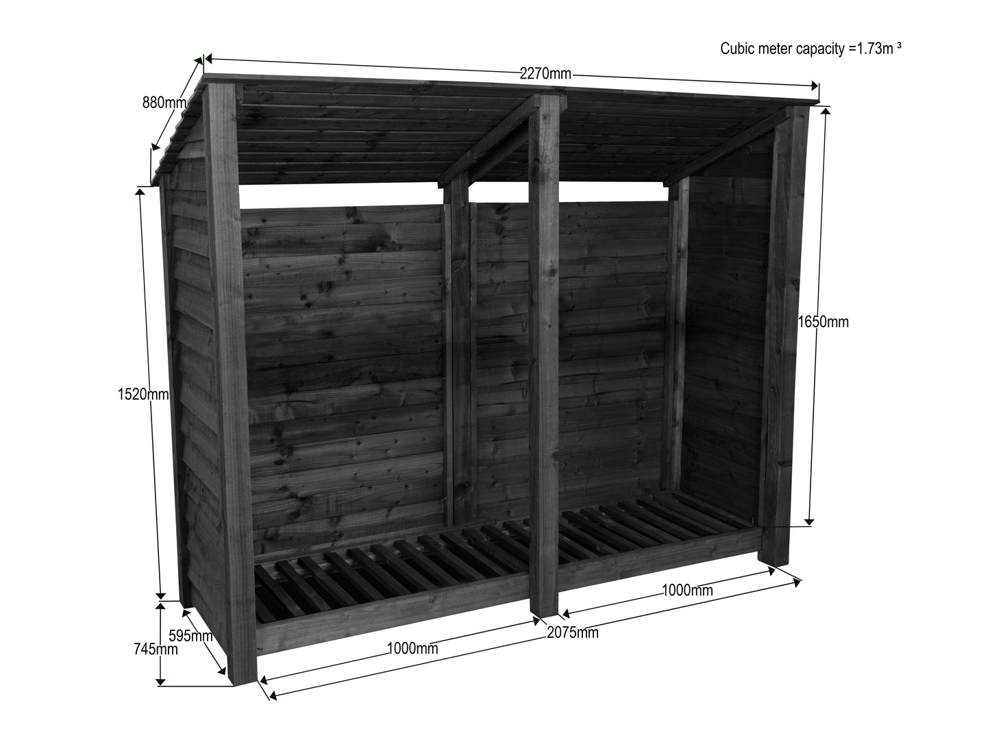 Wooden Log Store (Roof Sloping Back) W-227cm, H-126cm or 180cm, D-88cm - Brown Finish