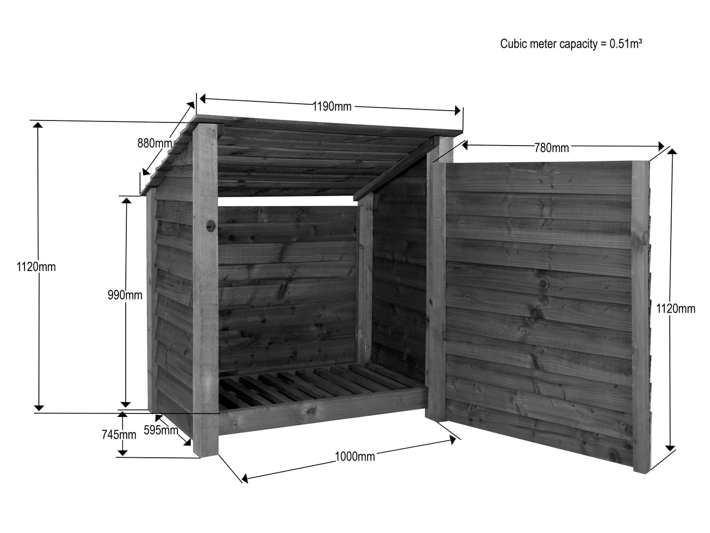 Wooden Log Store (Roof Sloping Back) with Door W-119cm, H-126cm Or 180cm, D-88cm