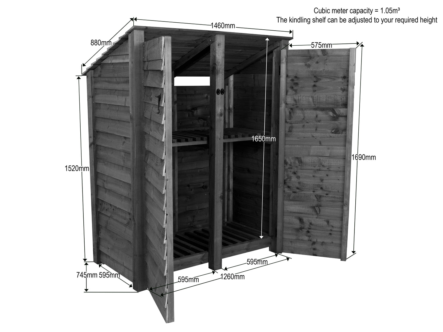 Wooden Log Store (Roof Sloping Back) with Door and Shelf W-146cm, H-126cm or 180cm, D-88cm - Brown Finish