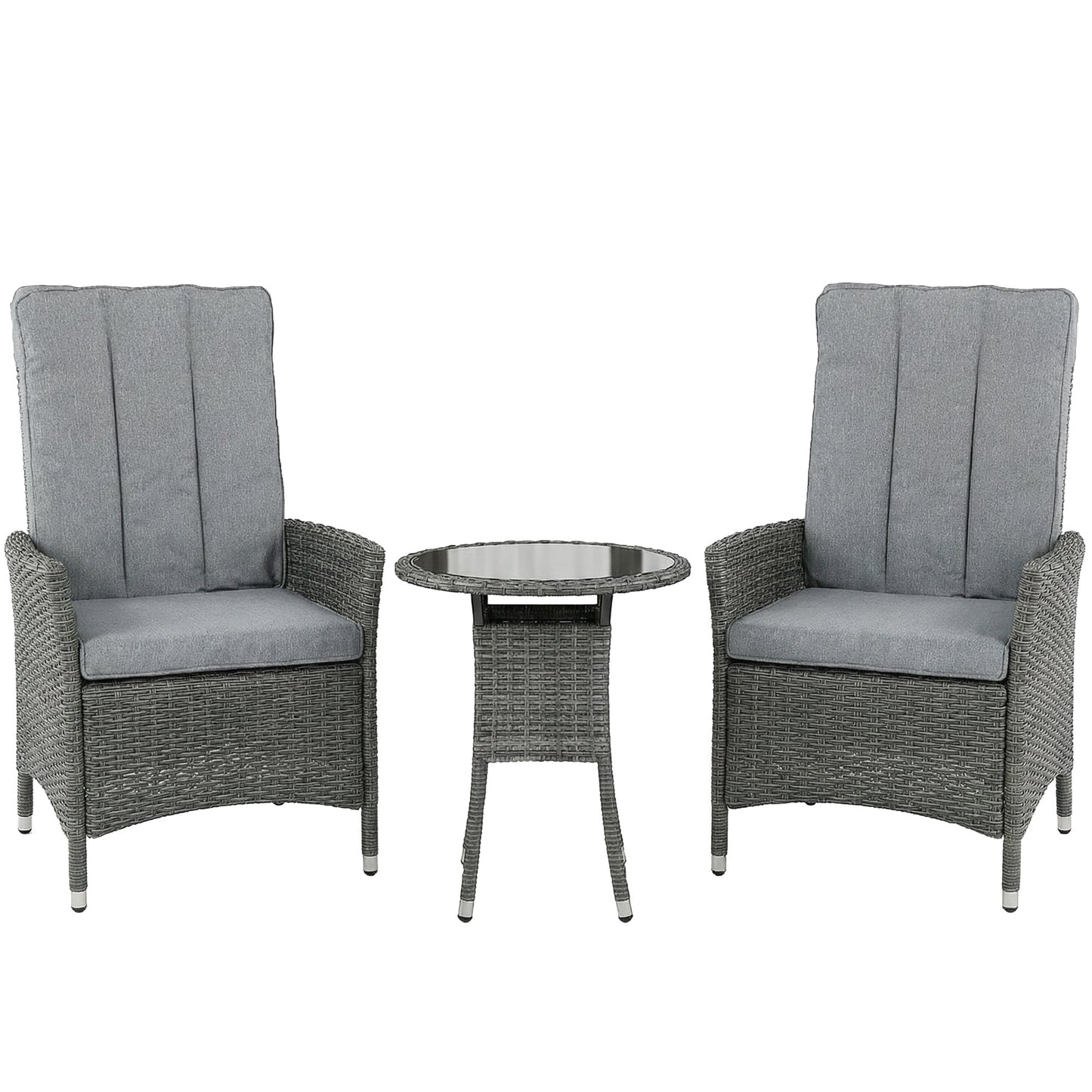Outsunny Rattan Bistro Set, Reclining Garden Chairs and Glass Coffee Table with Cushions for Patio Balcony Porch, Grey