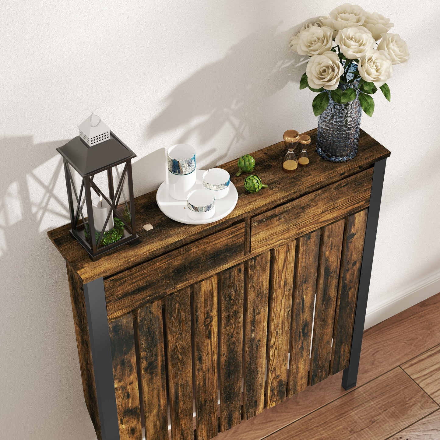 HOMCOM 93 x 88.5cm Rustic-Look Radiator Cover - Brown/Black