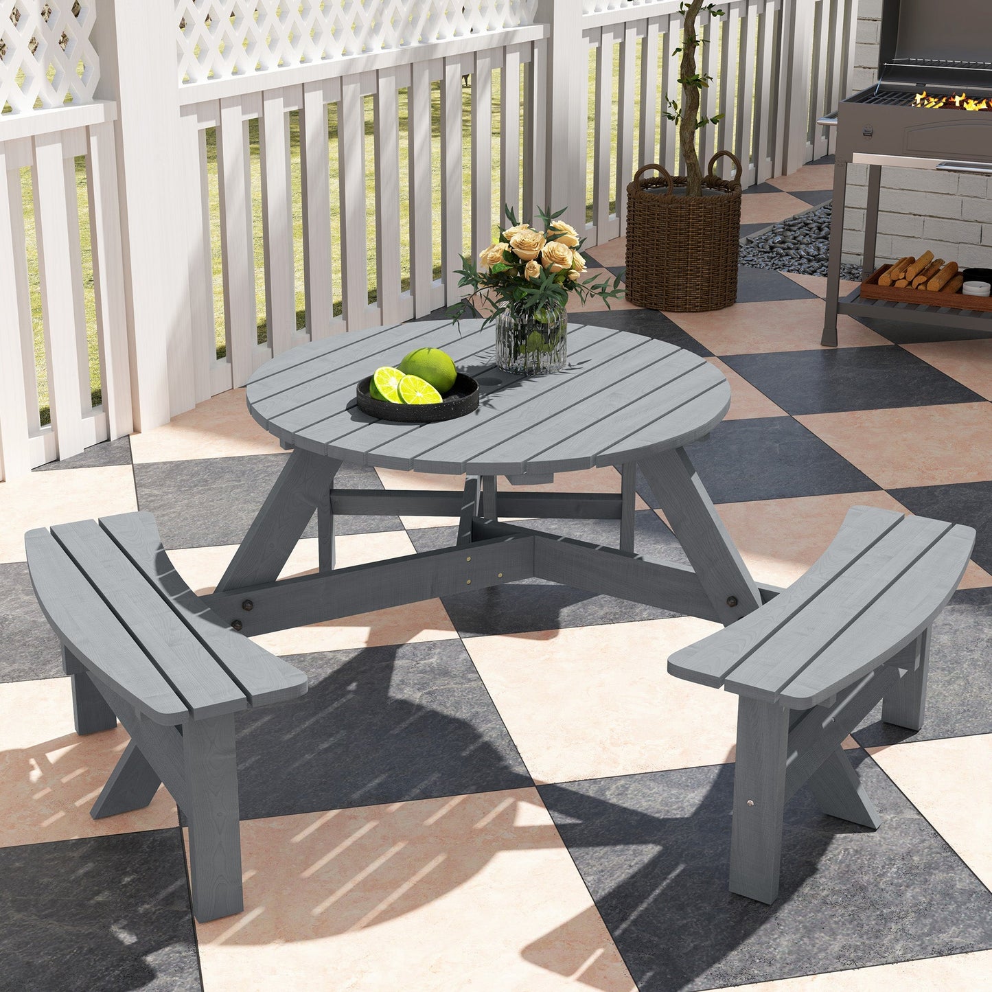 Outsunny 6 Seater Wooden Picnic Table and Garden Benches Set, Round Garden Dining Set with 3 Benches and Umbrella Hole Outdoor Garden Park, Grey