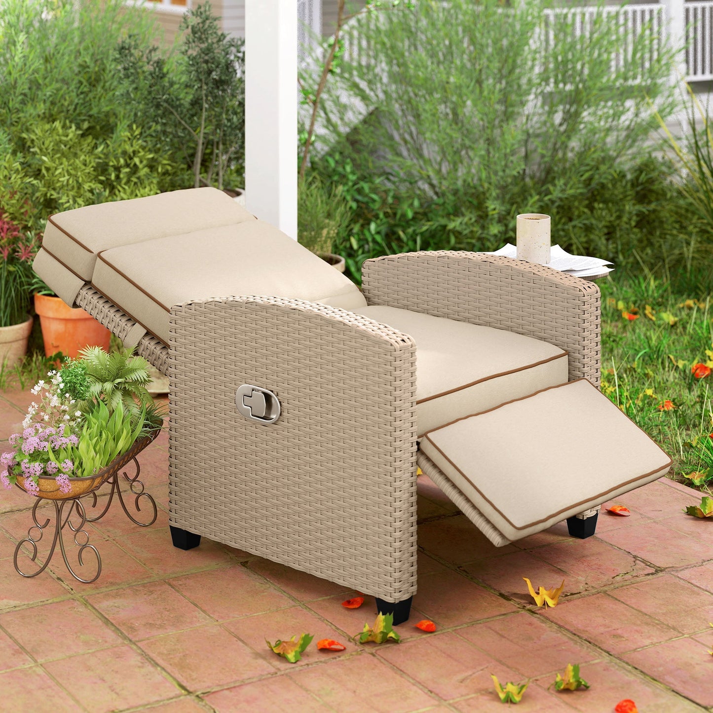 Outsunny Rattan Garden Recliner Chair, Adjustable Backrest Reclining Rattan Chair with Flip Table, Cushion and Footrest, Indoor Outdoor Lounge Reclining Sun Lounger for Patio, Yellow/Beige
