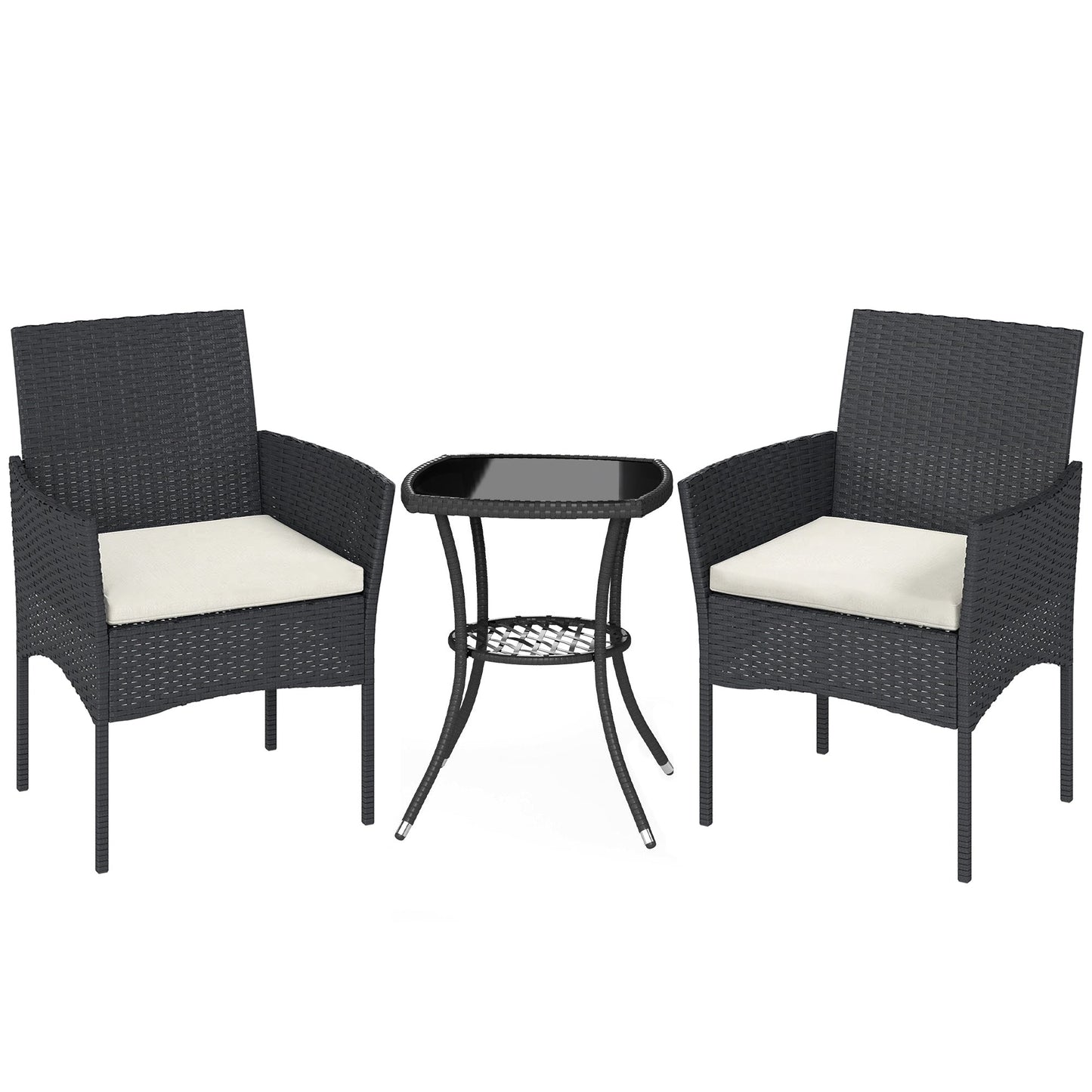 Outsunny 3 Piece Rattan Bistro Set, PE Wicker Garden Furniture Conversation Set with 2 Tier Glass-Top Table, Chairs, Cream White
