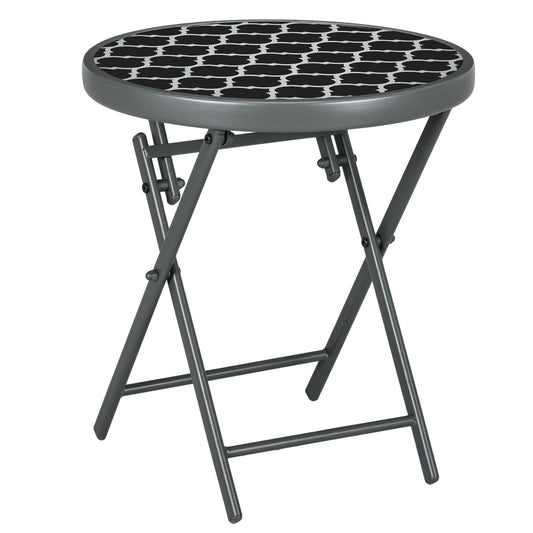 Outsunny \'ce\'a645cm Garden Side Table, Outdoor Round Folding Patio Table with Imitation Marble Glass Top, Small Coffee Table, Black and White