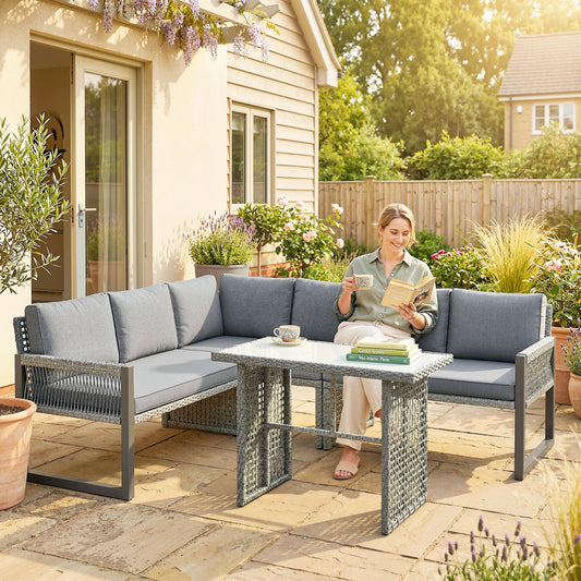 Outsunny 6 Seater Rattan Garden Furniture Set with 3 Loveseats, Table, Patio Rattan Furniture Corner Sofa Set, Grey