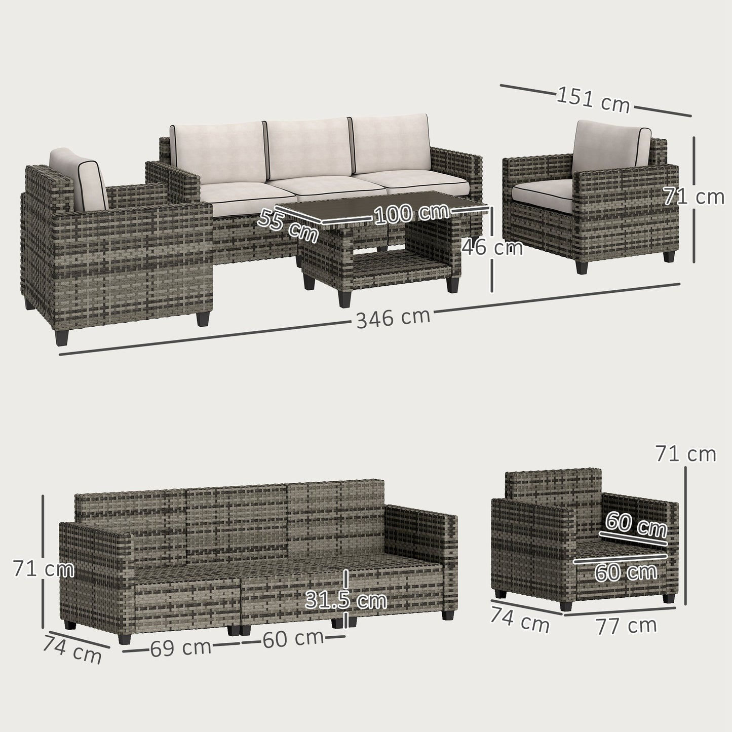 Outsunny 6 Pieces Rattan Garden Furniture Set, 5 Seater Wicker Outdoor Furniture Set with 2 Armchairs, Steel Frame Coffee Table and Cushions for Balcony, Porch, Light Grey