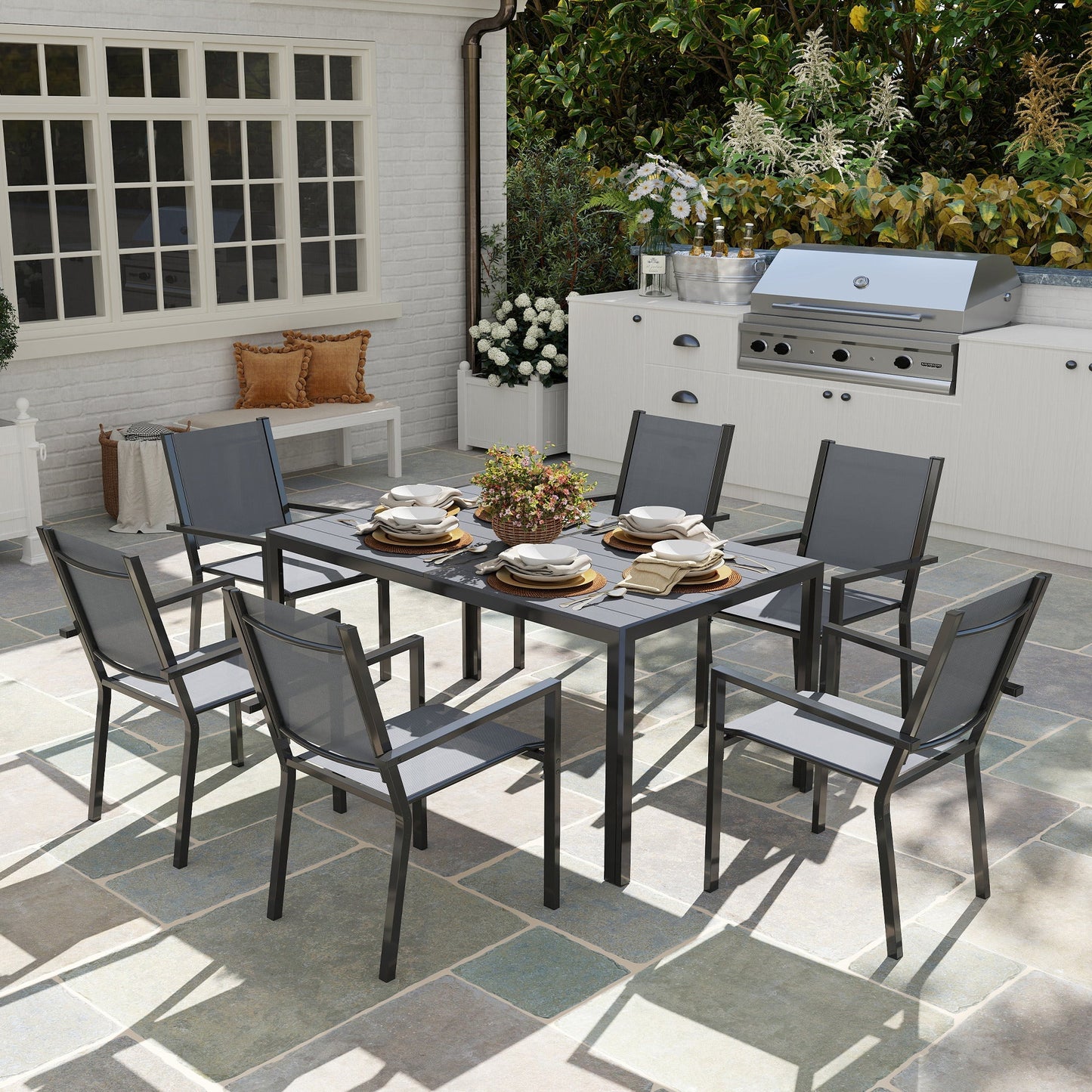 Outsunny 7 Piece Garden Dining Set, Outdoor Furniture Set with 6 Stackable Chairs and 150 cm Rectangle Table, WPC Slatted Top, Rust-Resistant Steel Frame, for Garden, Porch, Terrace