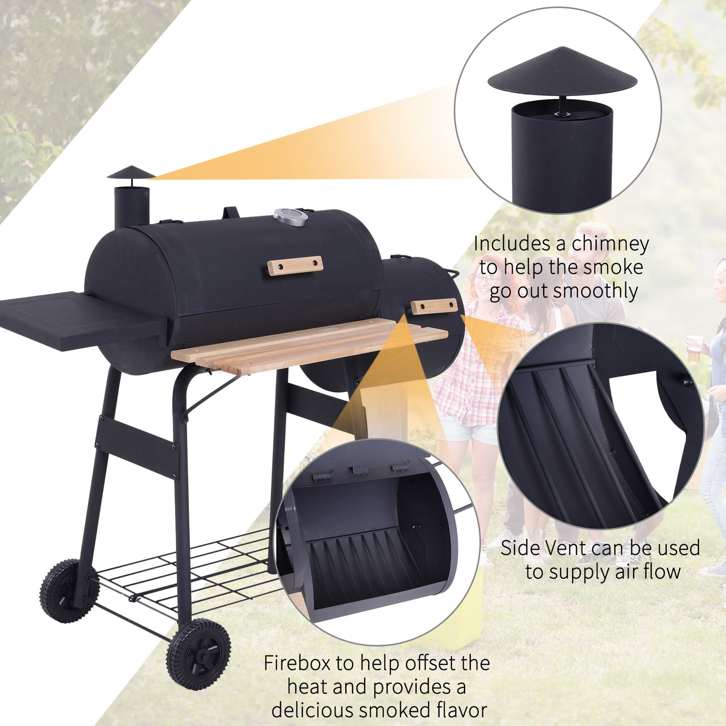 Outsunny Portable Charcoal BBQ Grill, Cold-rolled Steel, Solid Wood, 104H x 124L x53W cm-Black