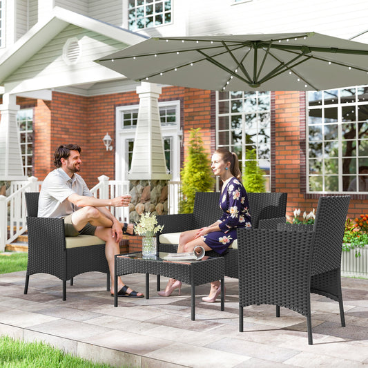 Outsunny 4 Piece Rattan Garden Furniture Sofa Set with Loveseat, Armchairs, Glass-Top Coffee Table and Cushions, Cream White