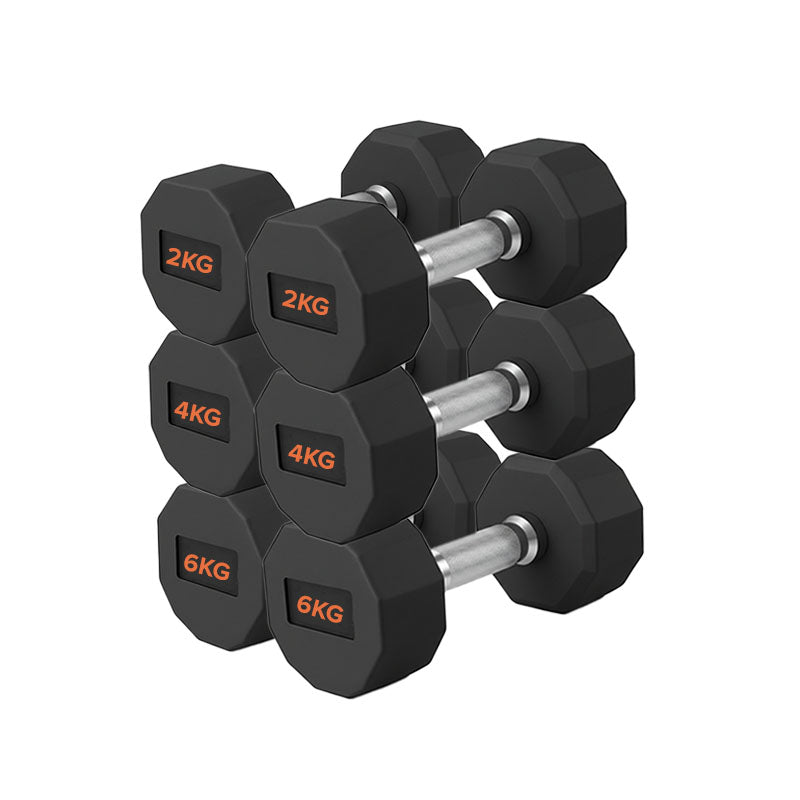 Hex Dumbbells Pairs & Sets (2kg–12kg) – Rubber Coated, Anti-Roll, With & Without Rack for Home Gym
