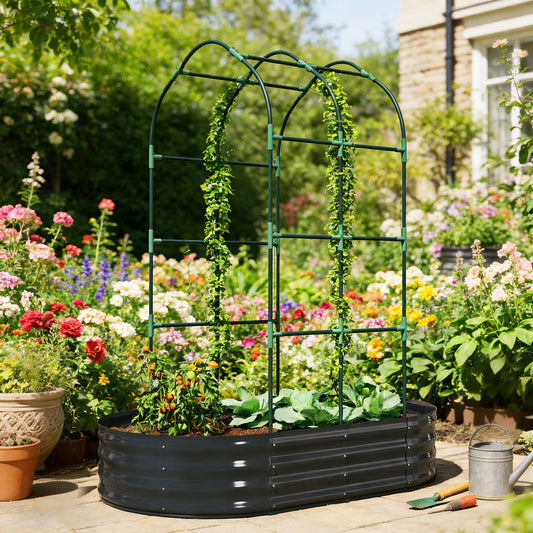 Outsunny Galvanised Raised Garden Bed with Arched Trellis, 5 x 3 x 6ft Metal Raised Bed for Garden with Open Bottom, Dark Grey