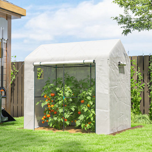 Outsunny Walk-in Greenhouse, Outdoor Tomato Greenhouse with Roll-up Door and Mesh Windows, PE Cover, 200 x 140 x 200cm, White