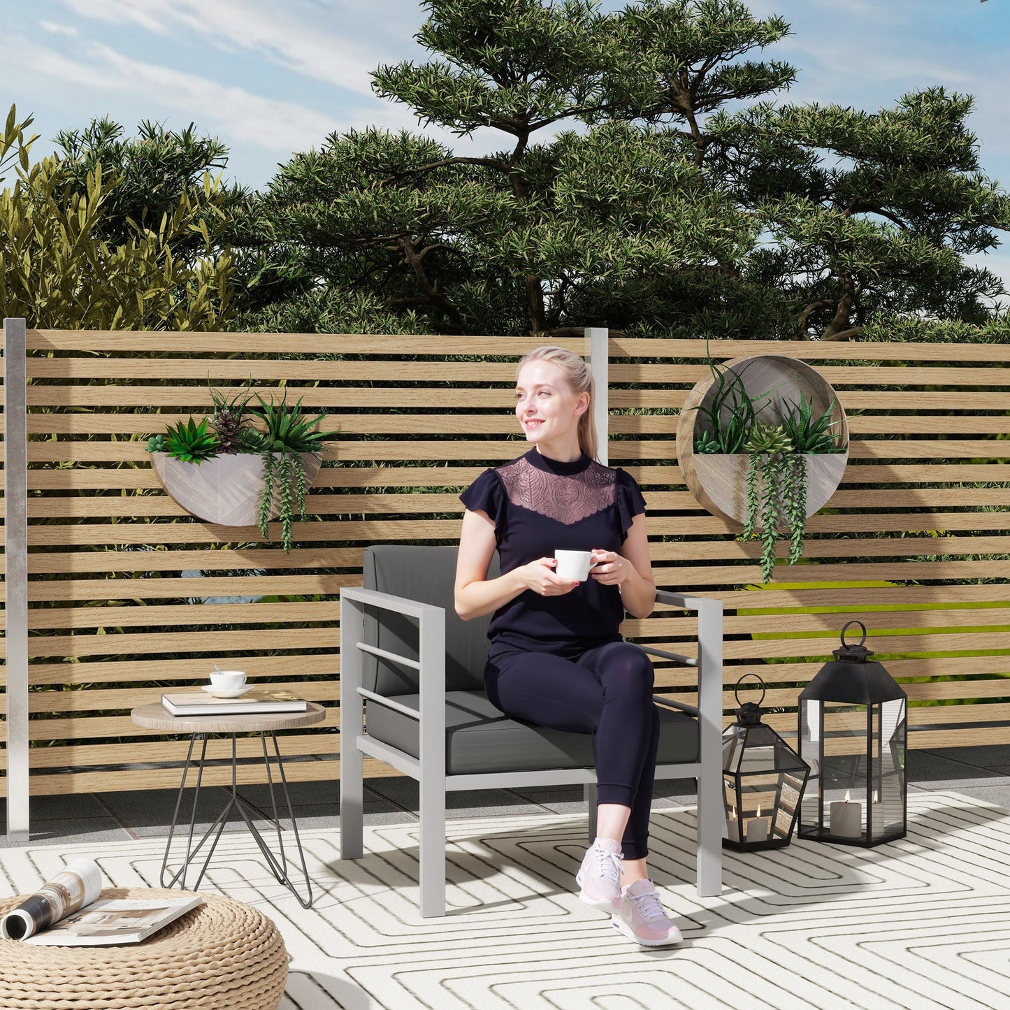 Outsunny Patio Furniture Aluminium Armchair, All-Weather Outdoor Single Sofa, Metal Frame Outdoor Chair with Cushions for Garden, Balcony, Charcoal Grey