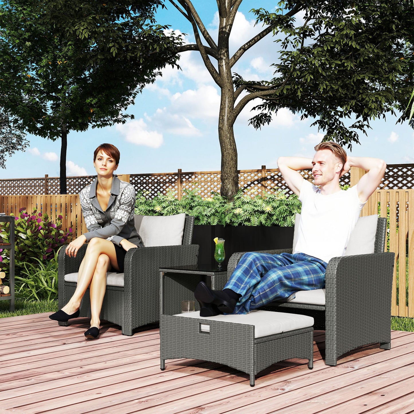 Outsunny Five Piece Rattan Garden Furniture Set with 2-Tier Coffee Table and Ottomans  - Cream White