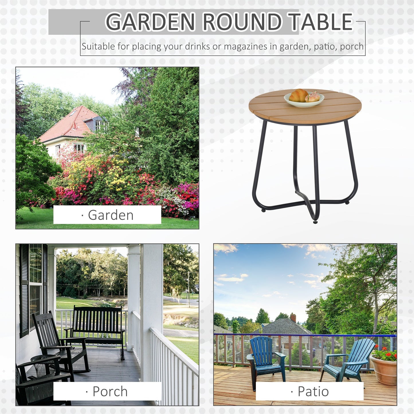 Outsunny Round Outdoor Side Table Adjustable Leg Pads Garden Table 49 x 49 x 48 cm Natural Wood & Black