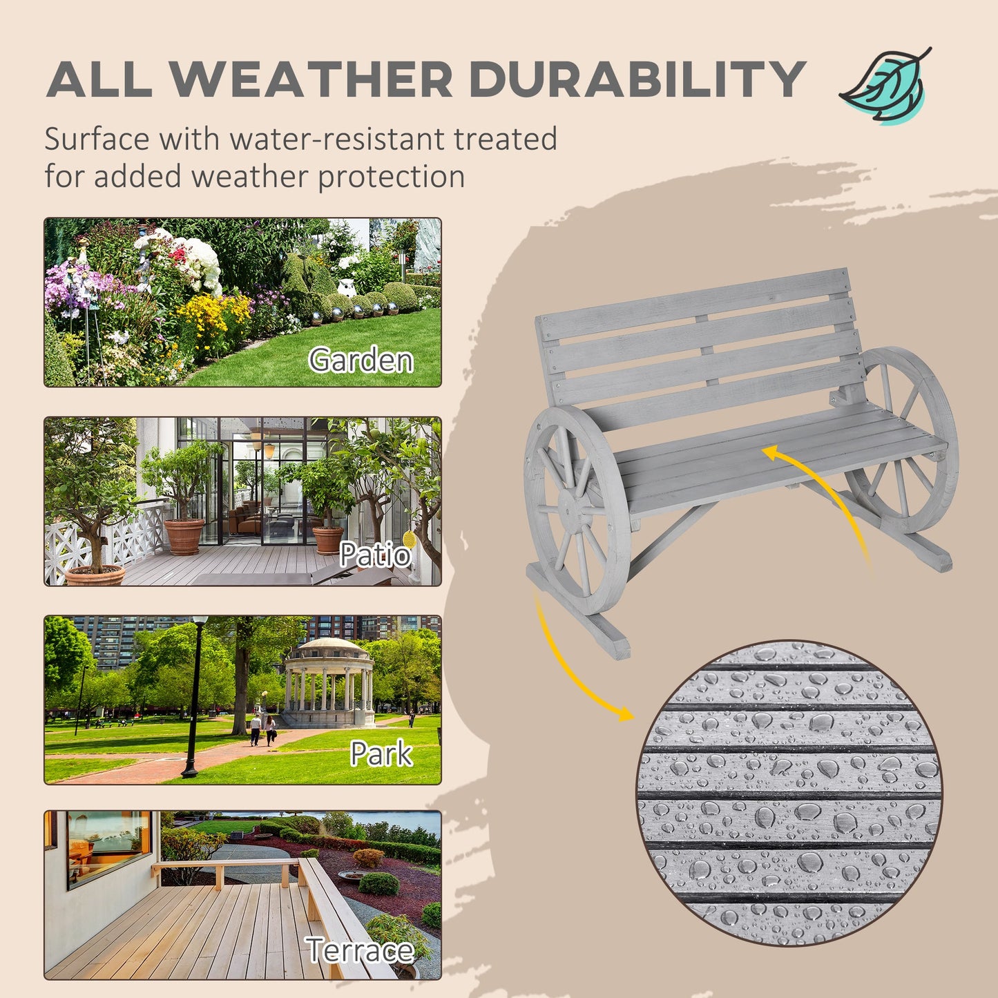 Outsunny Wooden Cart Wagon Wheel 2 Seater Garden Bench Outdoor Garden Armrest Chair Rustic High Back Loveseat Grey