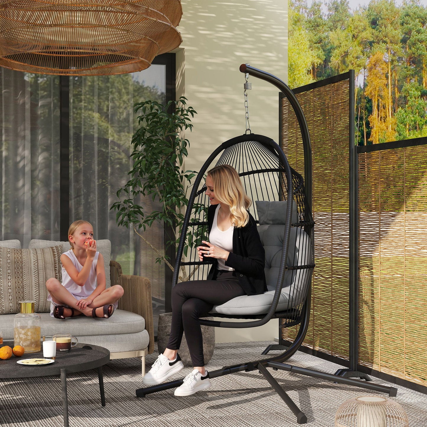 Outsunny Rattan Hanging Egg Chair with Stand, Foldable Wicker Swing Egg Chair with Cushion, Head Pillow, Steel Frame, Hammock Chair for Indoor Outdoor, Capacity 150 kg, Dark Grey