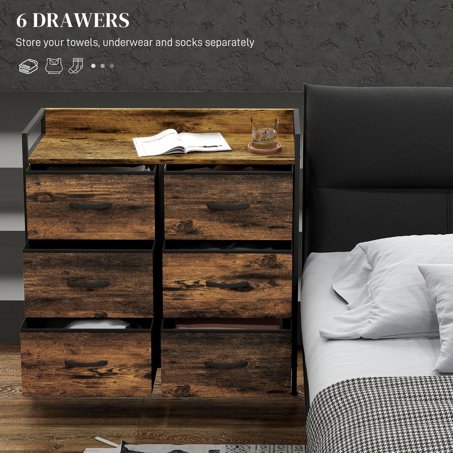 HOMCOM Rustic Chest of Six Fabric Drawers - Rustic Brown