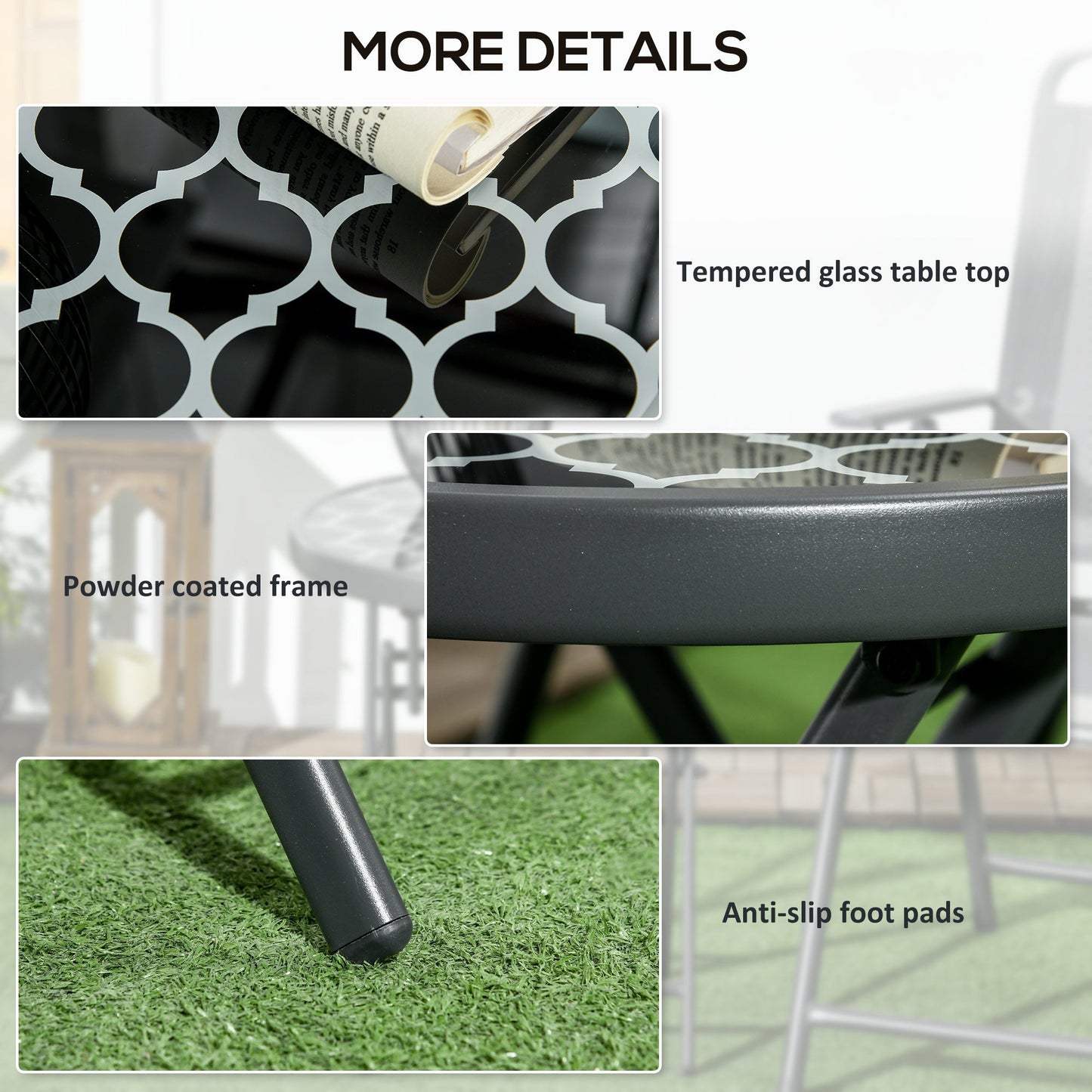 Outsunny \'ce\'a645cm Garden Side Table, Outdoor Round Folding Patio Table with Imitation Marble Glass Top, Small Coffee Table, Black and White