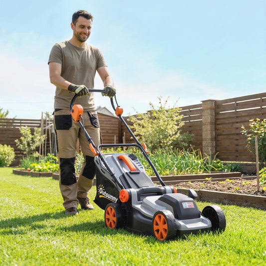 Outsunny 18V Cordless Lawnmower with 2 x 4Ah Batteries, Battery Lawn Mower with 34cm Cutting Width, Mulching Feature