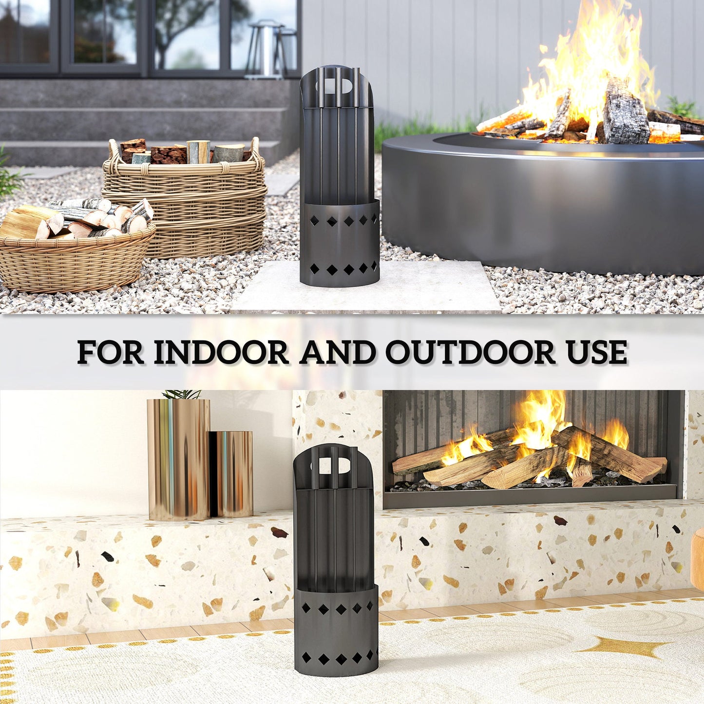 Outsunny 4 Pieces Fireplace Companion Set, Metal Fireplace Accessories Fireside Companion Set with Broom, Shovel, Poker, Bucket, Black