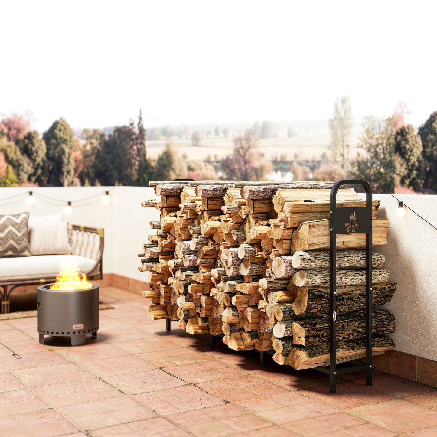 Outsunny 6.5 FT Steel Firewood Log Rack with 300 kg Capacity, Heavy Duty Indoor Outdoor Fireplace Wood Storage Shelf, Log Holder/Stand with Extra Support Legs, Decorative Bonfire Pattern, Black