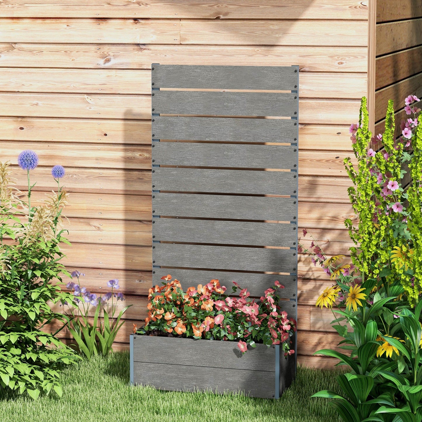 Outsunny 34 x 69.5cm Garden Planter Box, with Back Trellis, Grey