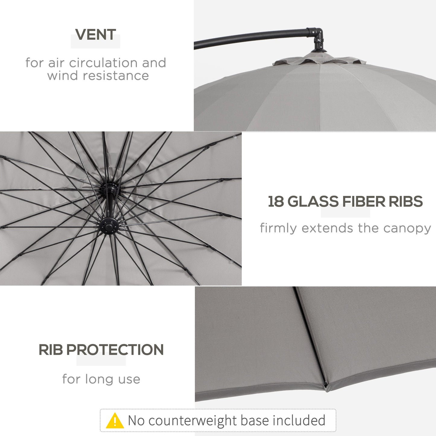 Outsunny 3(m) Cantilever Umbrella 18 Ribs & Vents Adjustable Angle for Patio Light Grey