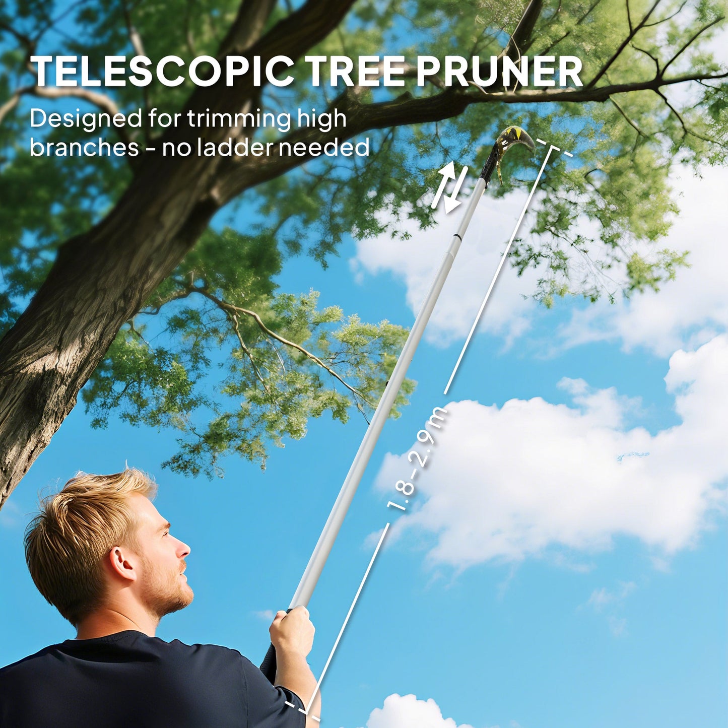 Outsunny 1.8-2.9 m Extendable Tree Pruner, Tree Lopper Long Reach Telescopic with Extendable Handle & 40 cm Saw, Lightweight Manual Pole Saw for High Branches Trimming