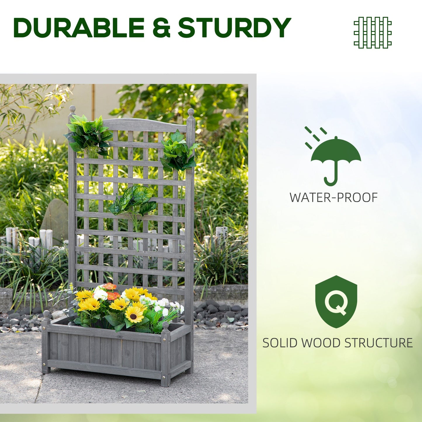 Outsunny Garden Planters with Trellis for Climbing Vines, Wood Raised Beds for Garden, Flower Pot, Indoor Outdoor, Grey