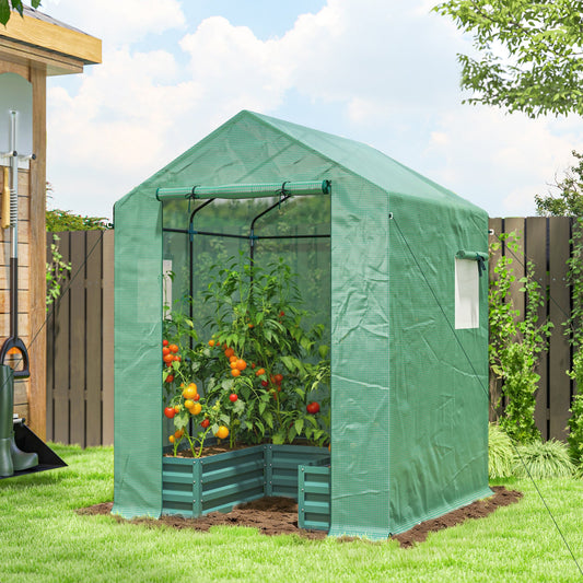 Outsunny Small Greenhouse with Raised Garden Bed, Galvanised Walk-in Greenhouse with Roll Up Windows, 141 x 141 x 190 cm, Green