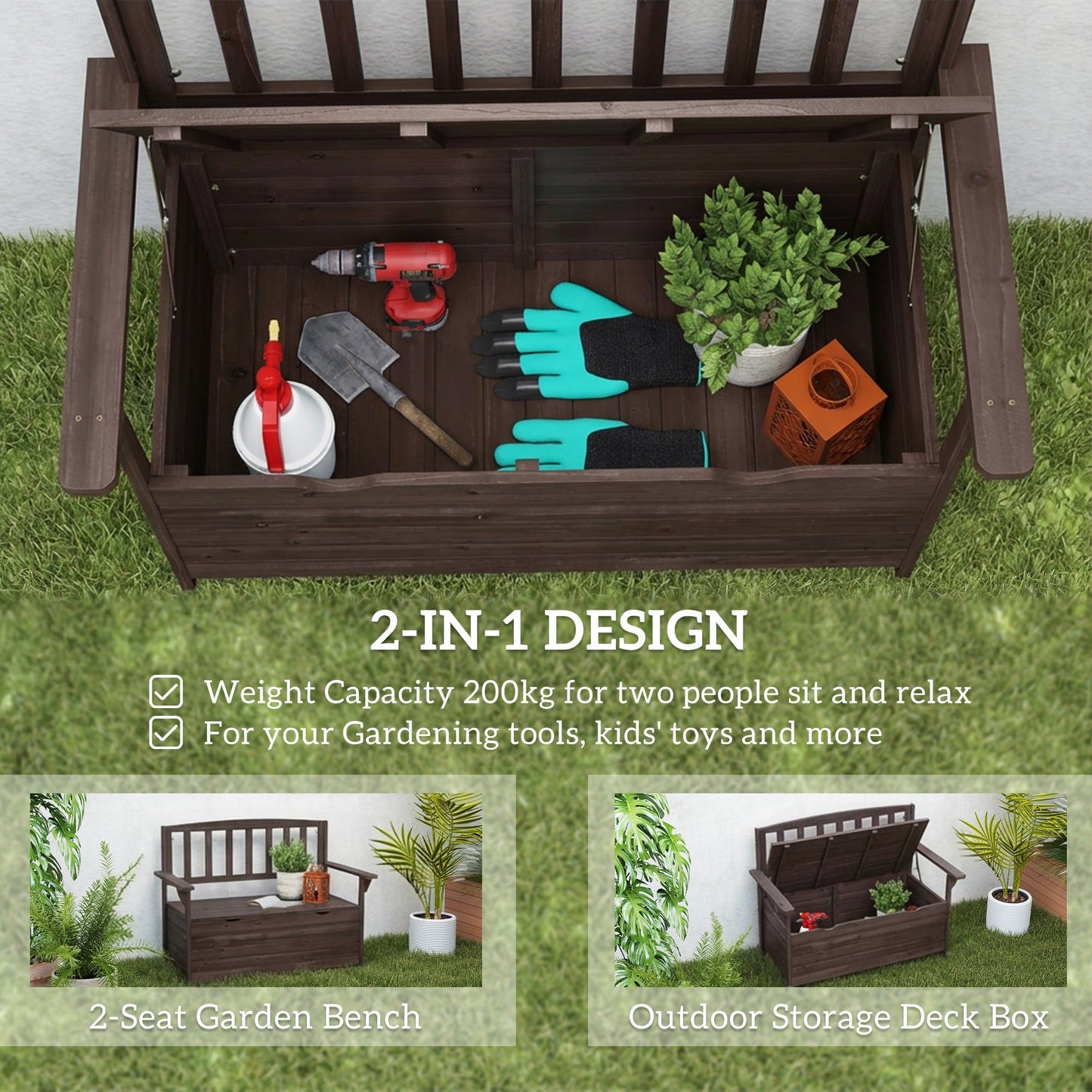 Outsunny Outdoor 2 Seater Garden Bench, Wooden Bench with Storage, Backrest, Arm Rests, 112 x 84 x 58 cm, Brown