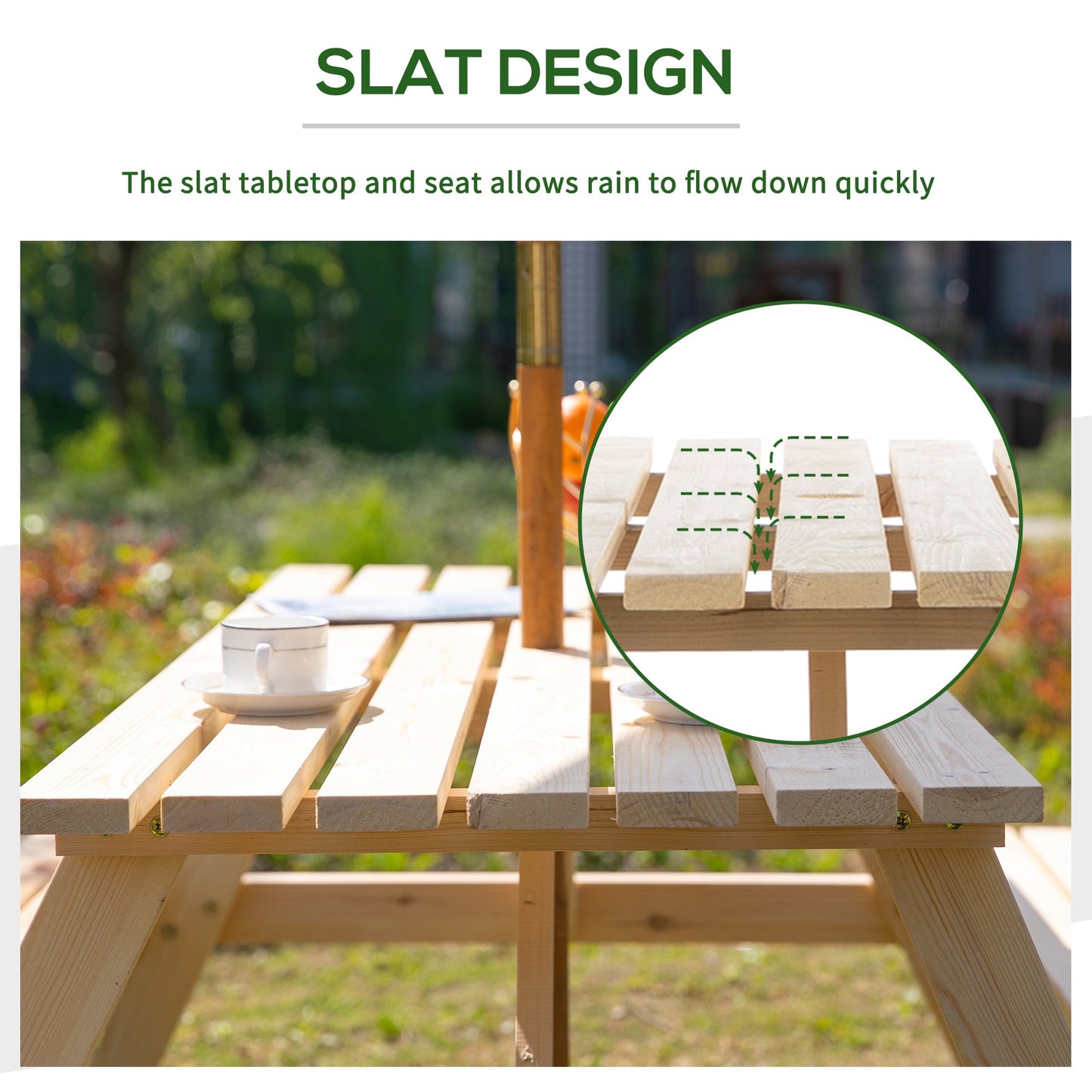 Outsunny 4 Seater Wooden Picnic Table Bench for Outdoor Garden or Patio with Parasol Cutout 150 cm Natural