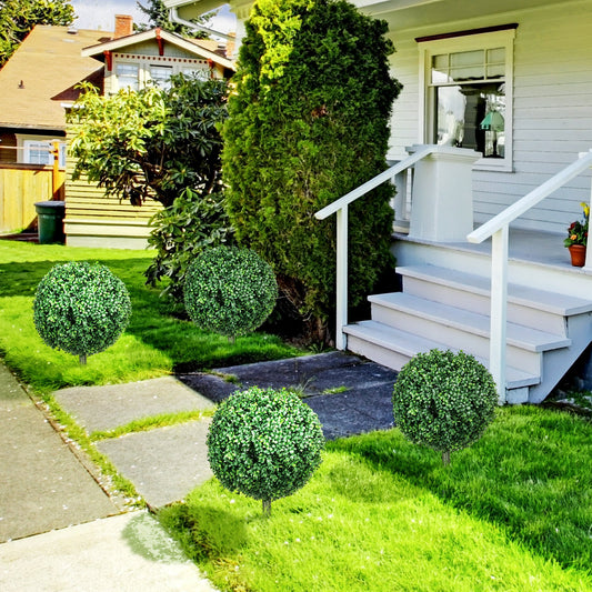 HOMCOM Artificial Boxwood Trees w/ Ground Stake, Set of 2 Ball Shaped Topiary Trees for Home Office & Living Room, UV Resistant